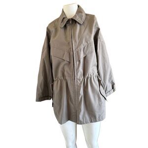 Women's vintage medium cream beige jacket 70s mid length cinched waist taupe